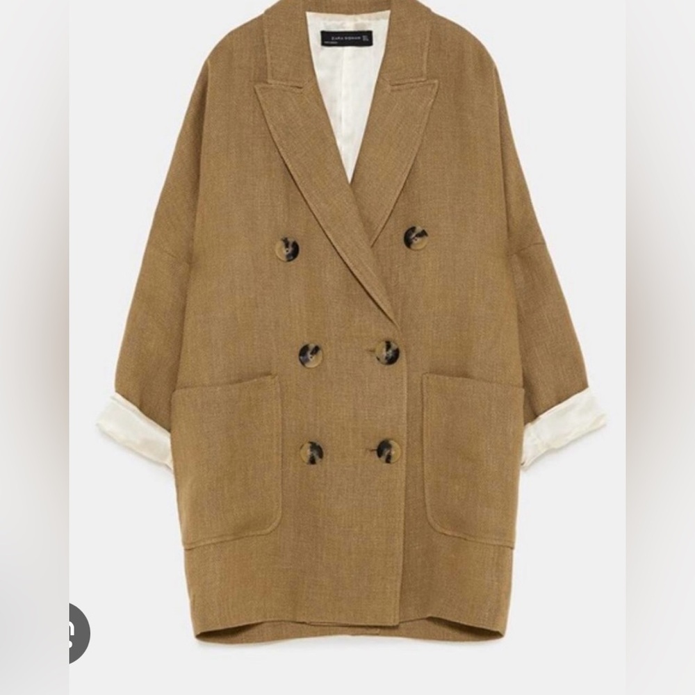 Zara long linen blend blazer jacket coat beige tan brown rustic large buttons